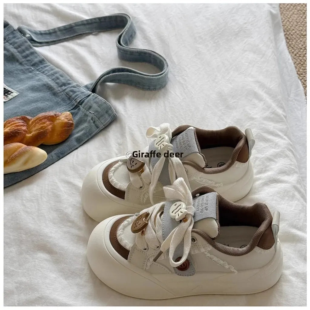 Women's round Toe Thick Bottom White Sneakers Spring Autumn Thin Breathable Casual Shoes Student Versatile Foot Slimming Bread S