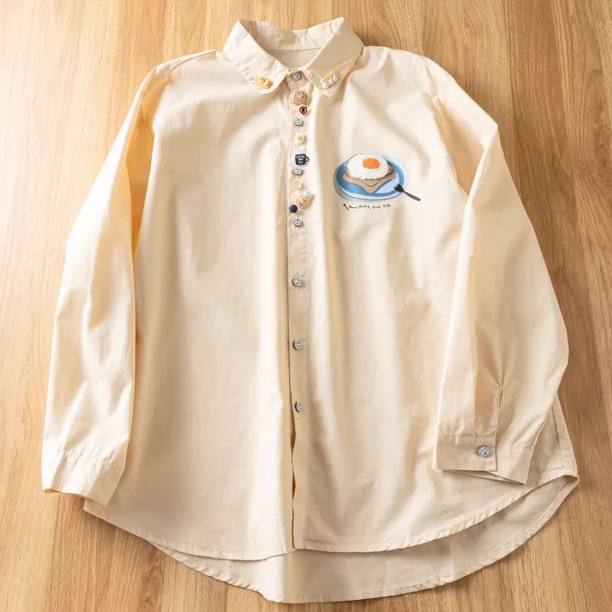 2025 Japanese vintage fashion cartoon buttons white beige green shirts and blouses for women spring long sleeve tops