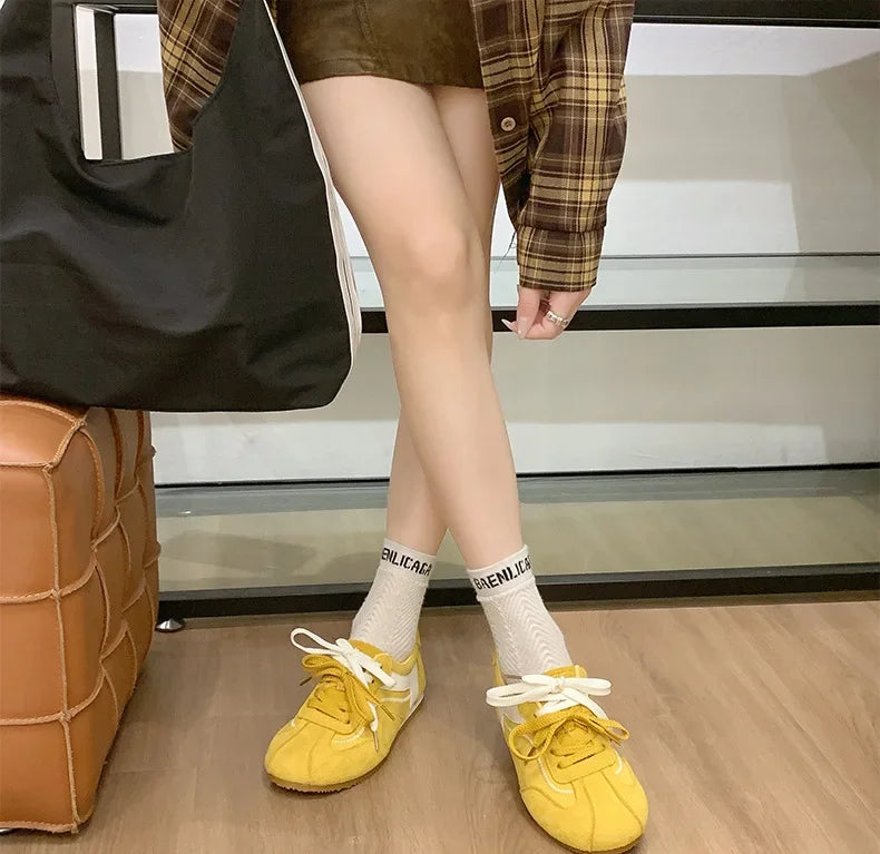 Women's Spring Summer Breathable Flat Casual Deqin Shoes Versatile Slip-On Flats Comfortable Polyurethane Outsole Striped Patter