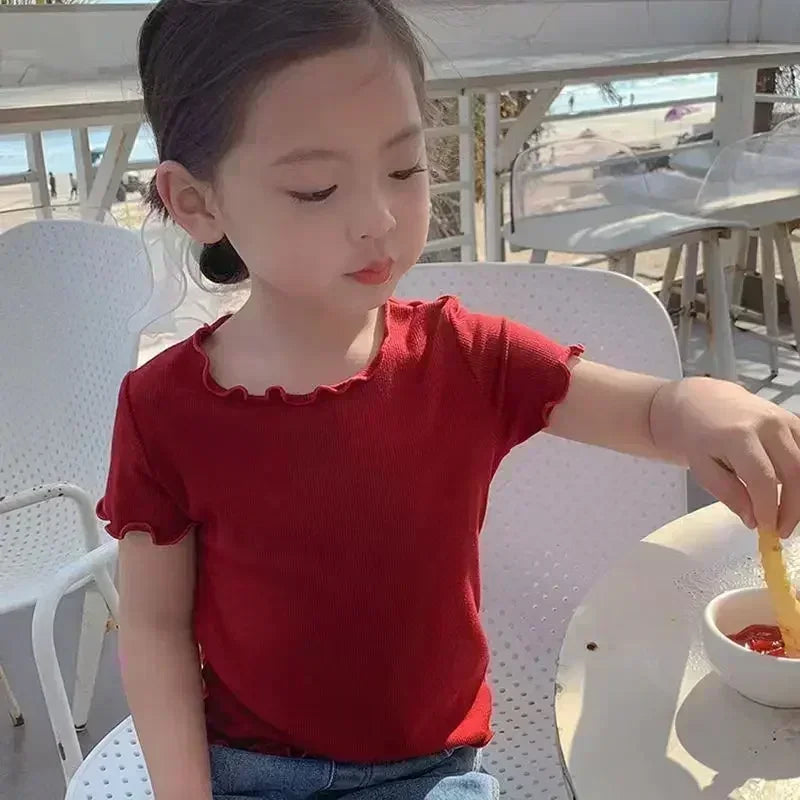 Girls Casual Ice Silk Short Sleeved T-shirt Summer Children Ear Edge Top 2-10 Years Old Girl Versatile Half Sleeved Clothes