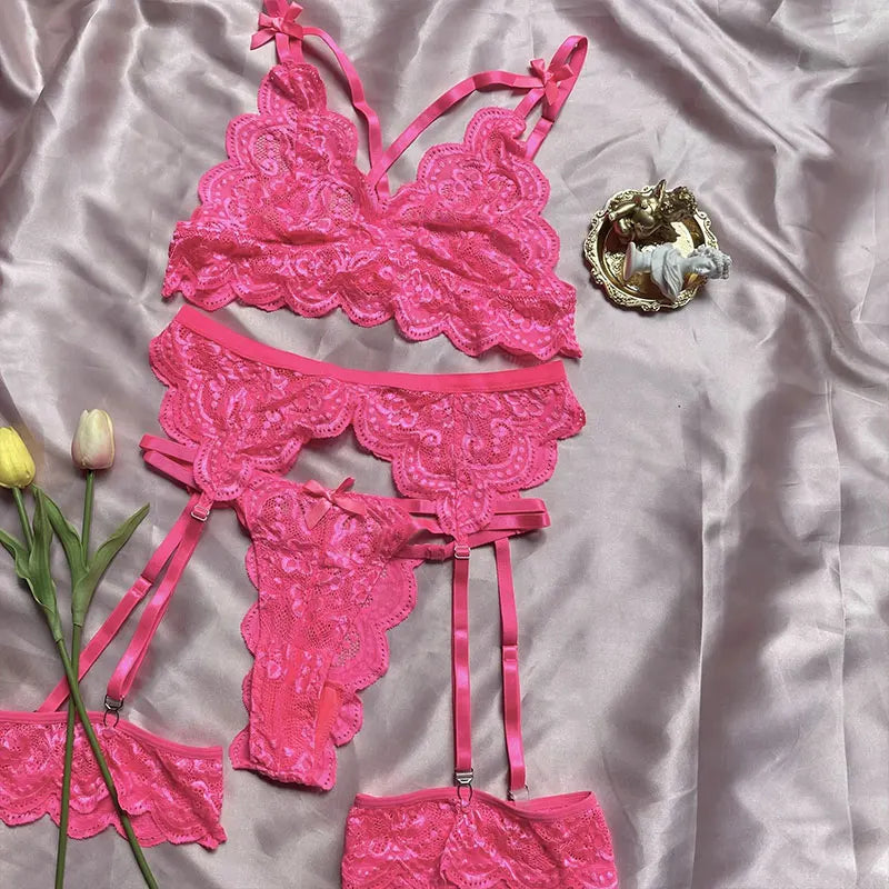 Fancy Erotic 3 Piece Luxury Underwear Erotic Lingerie Women Bra And Panty Garter Set Transparent Lace Bra Exotic Sets Sexy Kit