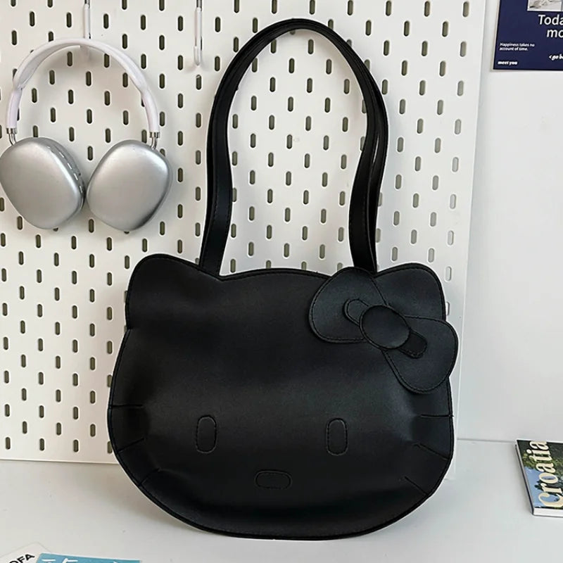Sanrio Hello Kitty Shoulder Bags Cute Cartoon Bow Large Capacity PU Handbag Y2k Fashion Student Commuting Tote Bag for Girl Gift