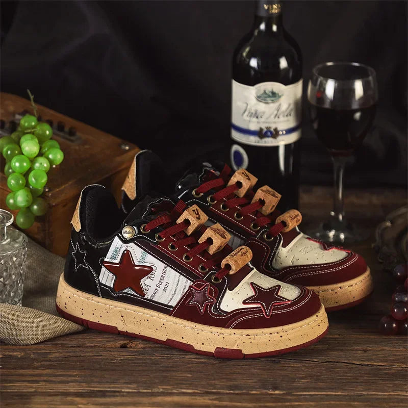 Trendy Red Wine Star Shoes 2024 Spring New Men's Casual Shoes Versatile Vintage Couple Shoes Male Genuine Leather Footwear