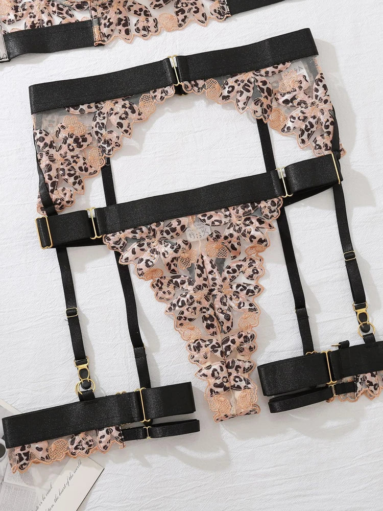 Erotic Women's Lingerie 5-Piece Set Hanging Neck Leopard Embroidered Bra Panty Garter Sets See-Through Patchwork Sexy Underwear