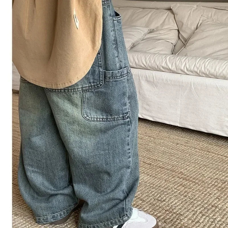 Children's Retro Jeans Loose Straight Pants Wide Leg Pants for Boys and Girls 2025 New Spring Autumn Kid's Denim Pocket Trousers
