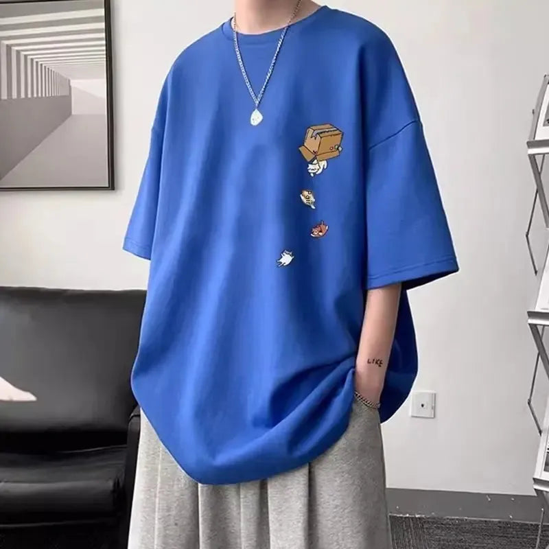 2023 Summer Men's Short Sleeve T-shirt American Style Vintage Loose Fit Student Casual Five Half Sleeve Body T-shirt