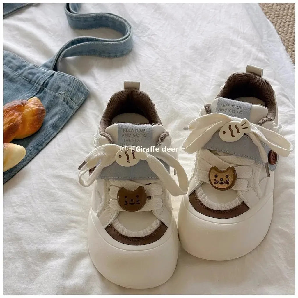 Women's round Toe Thick Bottom White Sneakers Spring Autumn Thin Breathable Casual Shoes Student Versatile Foot Slimming Bread S