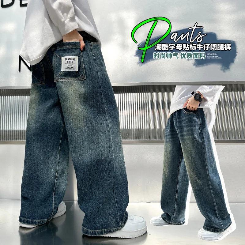 Boys Jeans Spring and Autumn New Teenage Children's Casual Retro Loose Straight Leg Wide-leg Pants Kids Handsome Pants