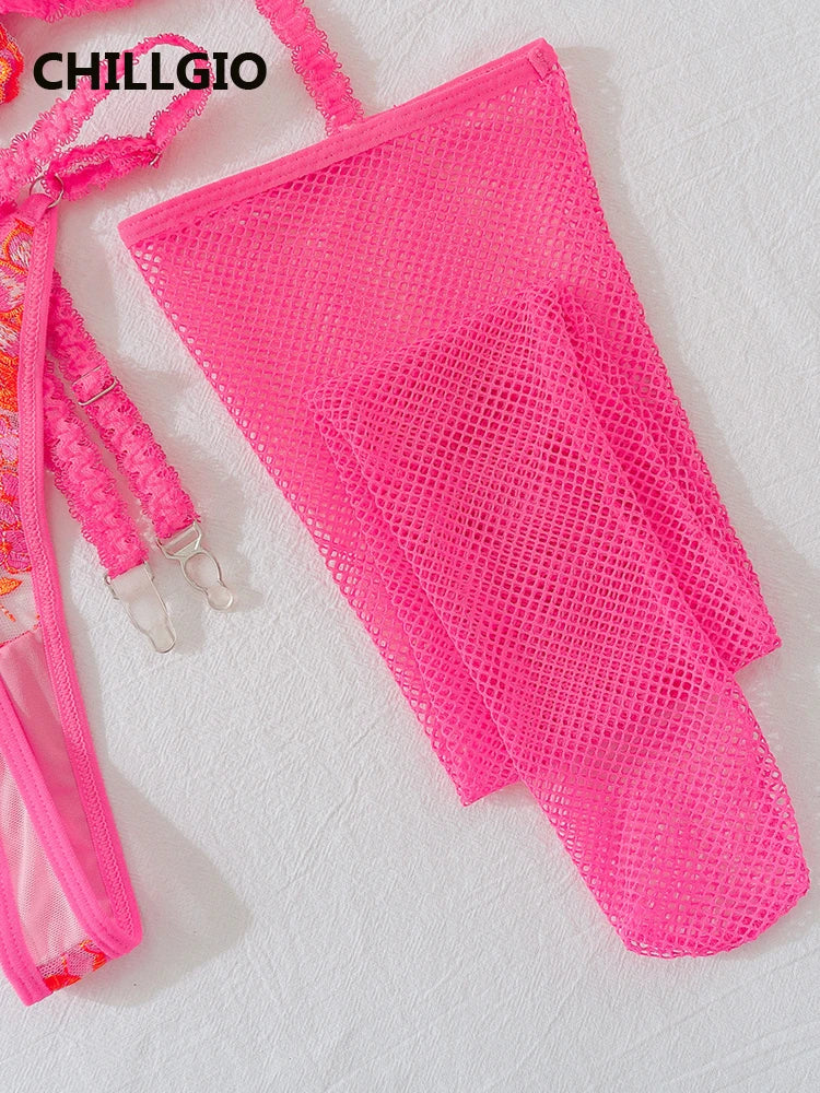 CHILLGIO Women Bodysuit Tops Embroidery Flowers Sexy Set Lingerie Sexy Thong Stockings Porn Fancy Sweet Underwear Bra Brief Suit