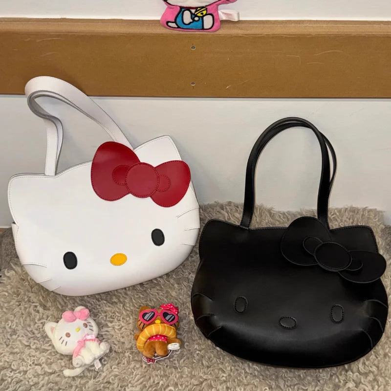 Sanrio Hello Kitty Shoulder Bags Cute Cartoon Bow Large Capacity PU Handbag Y2k Fashion Student Commuting Tote Bag for Girl Gift