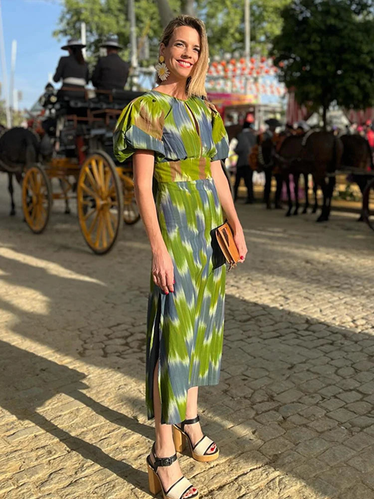 Fashion Backless Midi Dress For Women Summer Chic Print Short Puff Sleeves Split Long Dresses Female Holiday Beach Party Robe