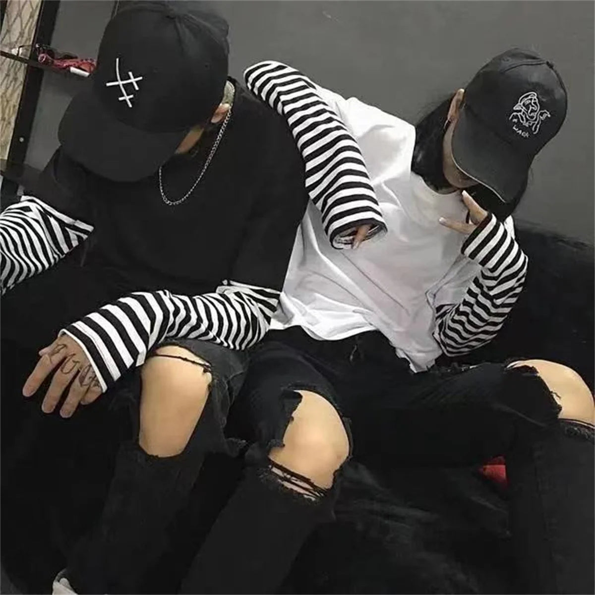 Long Sleeve Fake Two-piece T Shirt Striped Big Shirts Men Clothing Men Fashion Oversized Tees Clothes Tshirt Harajuku Tops Femme