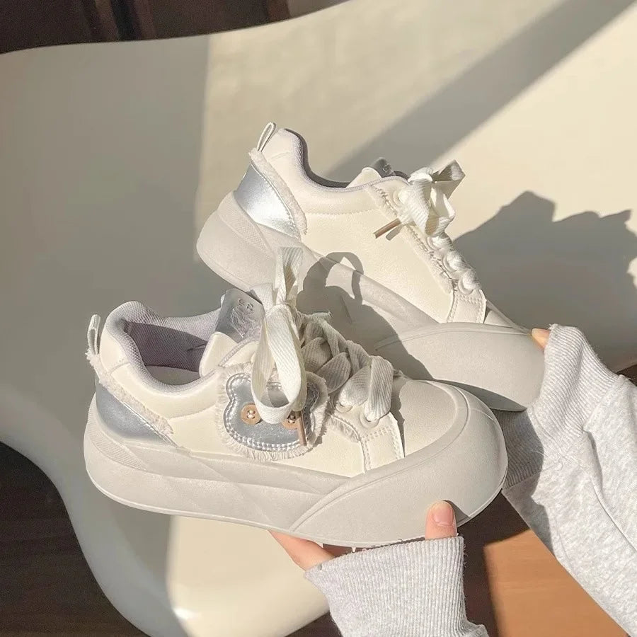 Spring Women's Dopaamine Board Shoes Versatile Thick Bottom Bread Style Casual Chic Sneakers Rubber Outsole Anti-Slip Synthetic