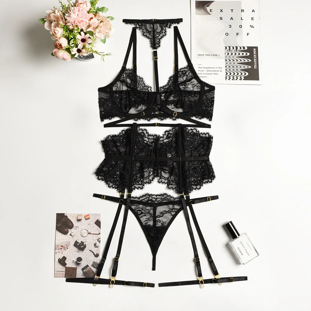 Diccvicc Beautiful Lingerie Eyelash Elegant Transparent Lace Bra Panty Set Floral Embroidery Women Sexy Underwear Exotic Outfit