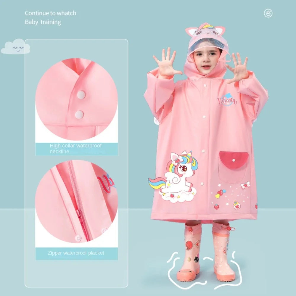 Cute Kids Raincoat Wateproof Children Dinosaur Unicorn Rain Poncho Rain Coat Jacket with Backpack Position Student RainWear
