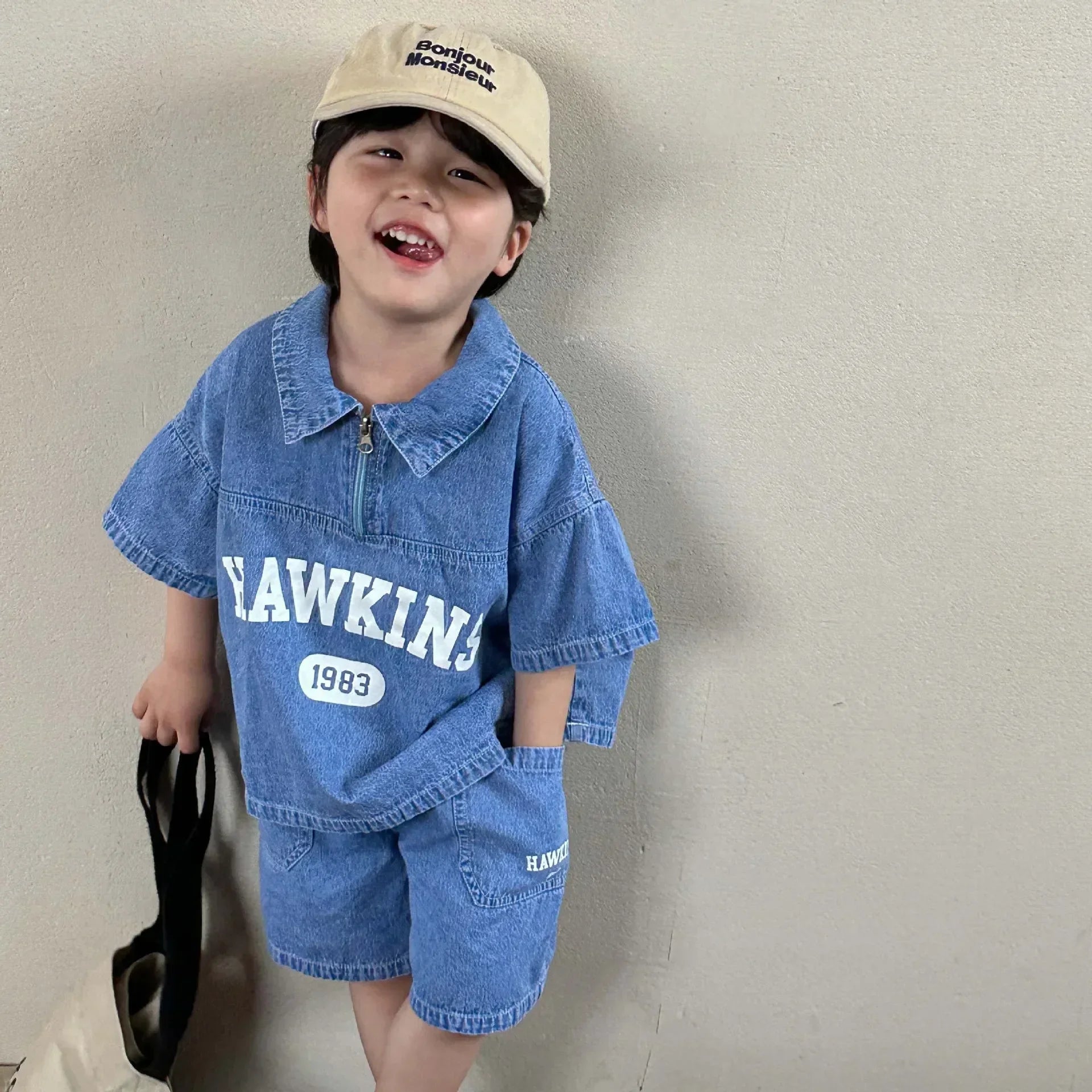 5816C  Children's Clothing Set Denim Suit 2023 Summer Casual Boy's Denim Suit Letter Print Top+ Shorts