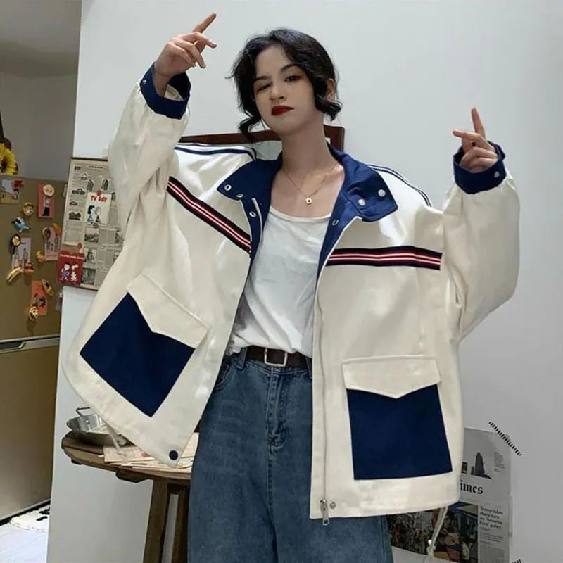 Patchwork Jacket Women American Loose Streetwear Blue and White Zipper Clothes Casual Chic Long Sleeve Harajuku Outwear