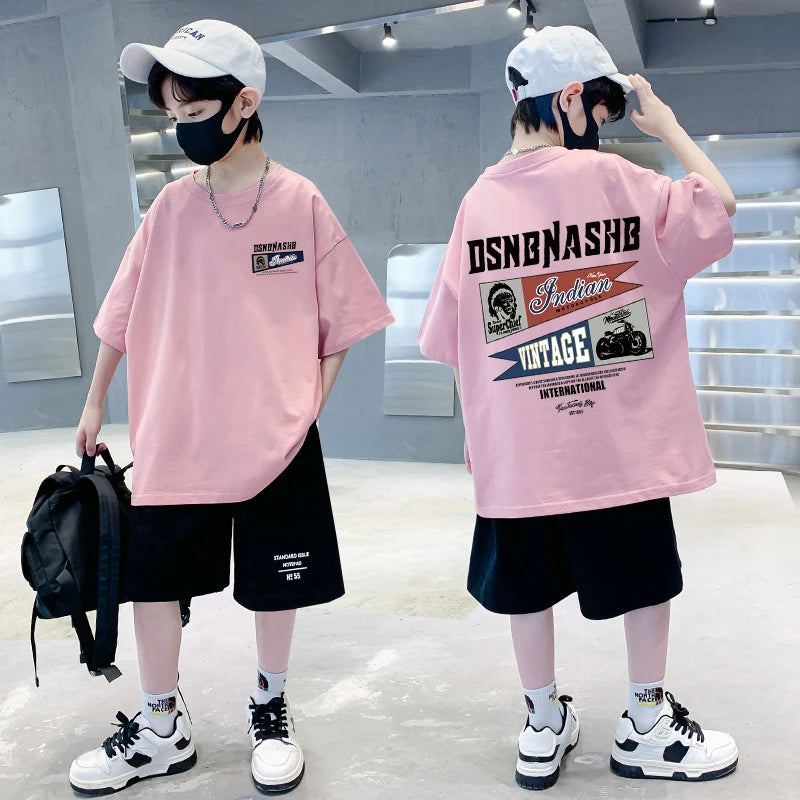 American Vintage Boys Short Sleeve Shirts Summer Boys Tees Casual 100%Cotton Children Tops Kids Clothes Printed Graphic T-shirt