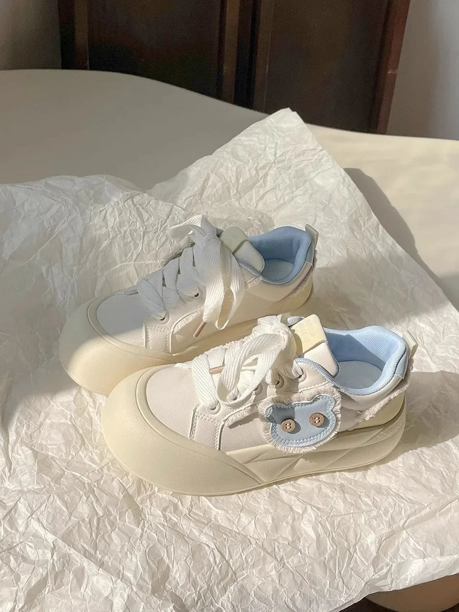 Spring Women's Dopaamine Board Shoes Versatile Thick Bottom Bread Style Casual Chic Sneakers Rubber Outsole Anti-Slip Synthetic