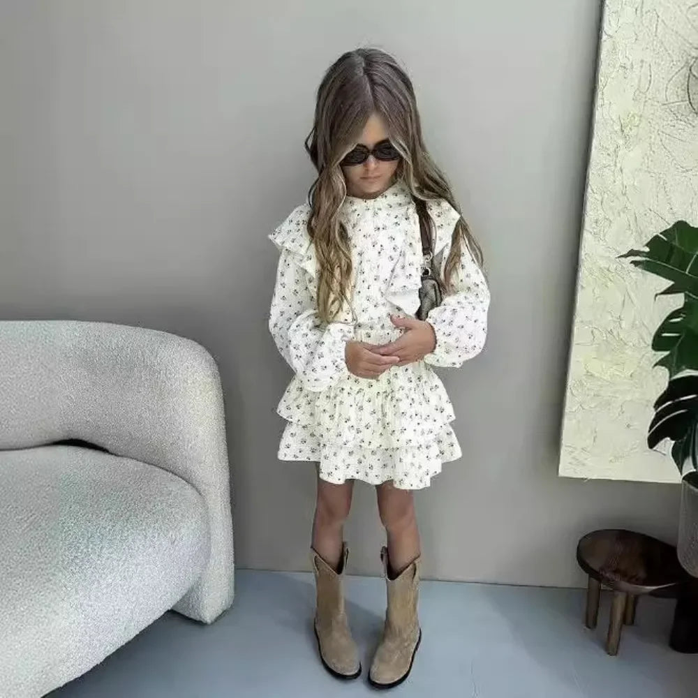 4478-1  Children Clothing Set 2024 INS Russian Girl's Dress Autumn Floral Lace Shirt+Cake Skirt Two-piece Set