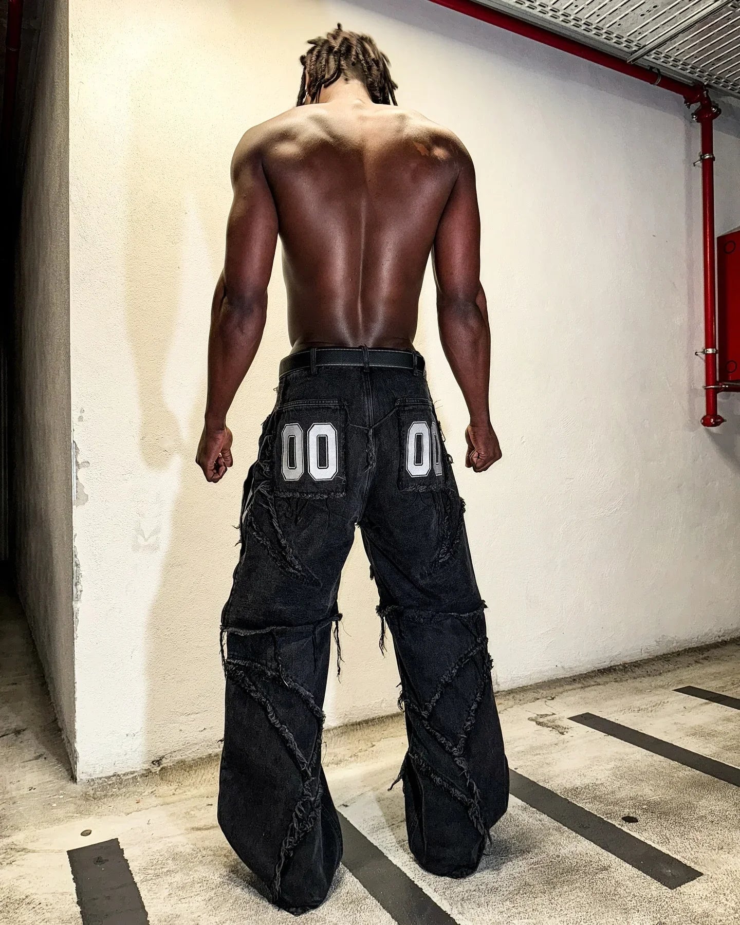 Y2k Patchwork Stripe Embroidery Fur Edge Jeans Fashion America Retro Zipper Splicing Baggy Jeans Punk Men Black Denim Pants