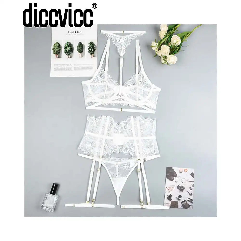 Diccvicc Beautiful Lingerie Eyelash Elegant Transparent Lace Bra Panty Set Floral Embroidery Women Sexy Underwear Exotic Outfit