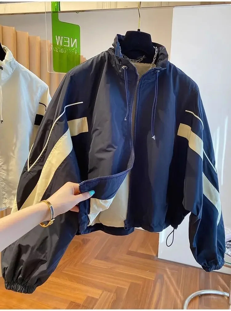 2024 New Design SensibilityNiche Loose-Fit Casual Drawstring Stand Collar Jacket Women's Spring Autumn Baseball Uniform