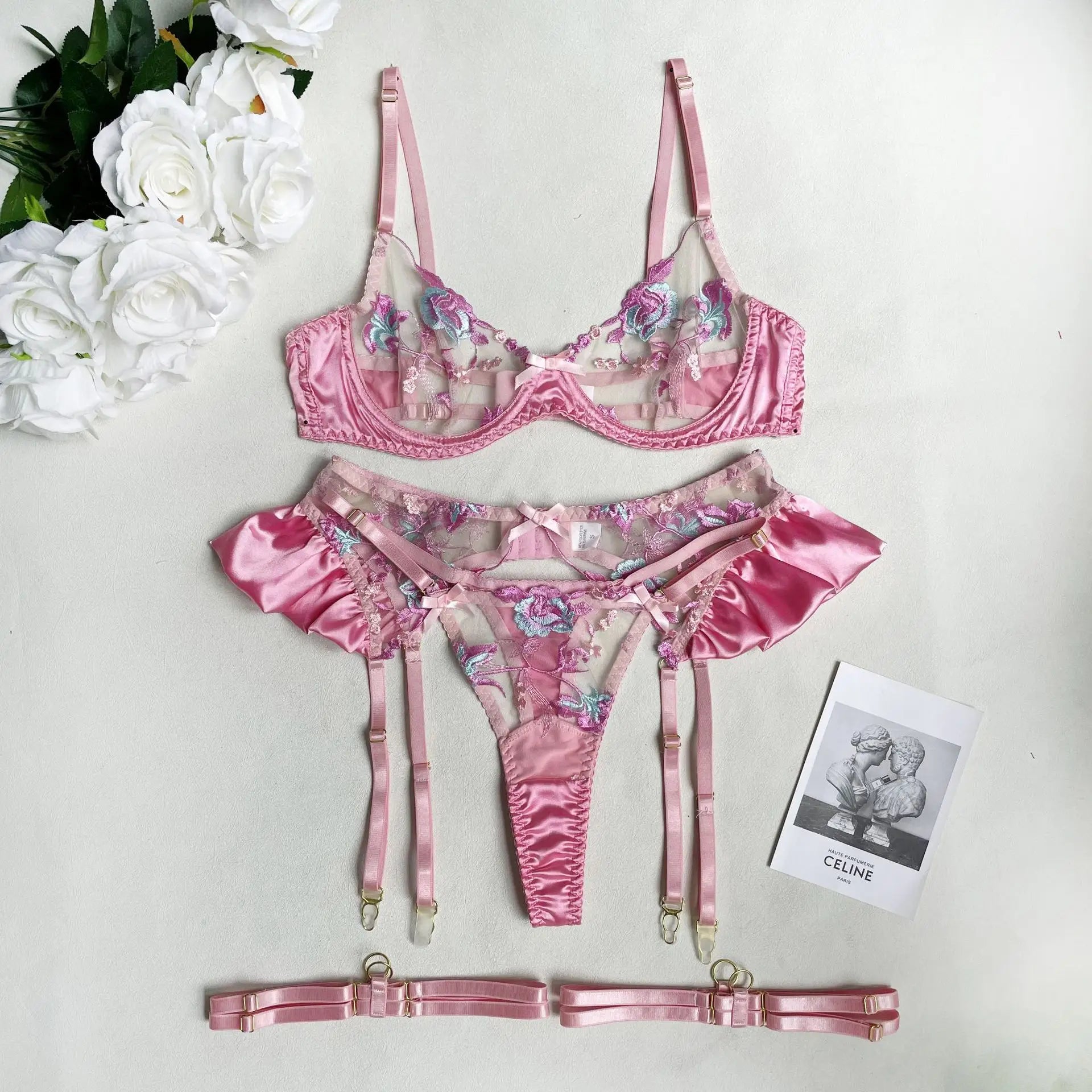 Sexy Lingerie Set Women Ruffle Embroidery Push Up Bra Sheer Thongs Garter Belt 4-Piece Erotic Underwear Transparent Outfits