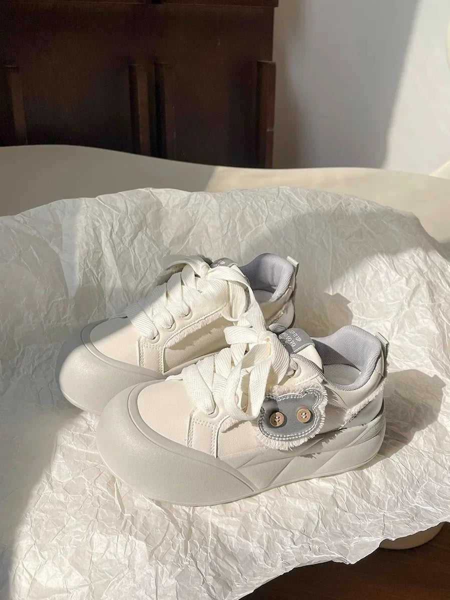 Spring Women's Dopaamine Board Shoes Versatile Thick Bottom Bread Style Casual Chic Sneakers Rubber Outsole Anti-Slip Synthetic