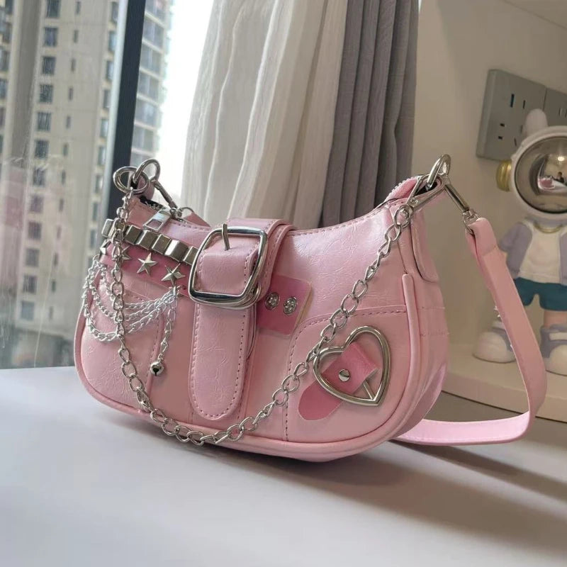 Fashion Hot Girls Square Shoulder Bags Retro Rivet Star Women's Underarm Bag Sweet Pu Leather Female Chain Handbags Pink Purse