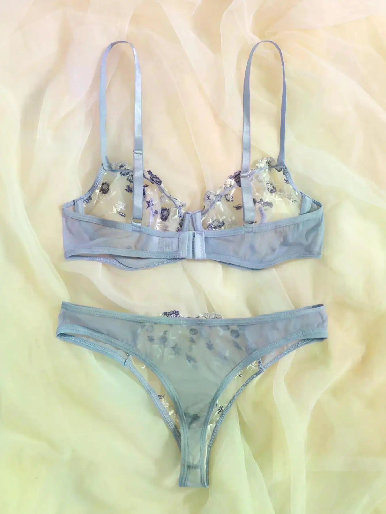 Transperant Lingerie Set Women Mesh Net Sexi Lenceria Sensual Mujer Bra Sets Embroidery Floral Underwired