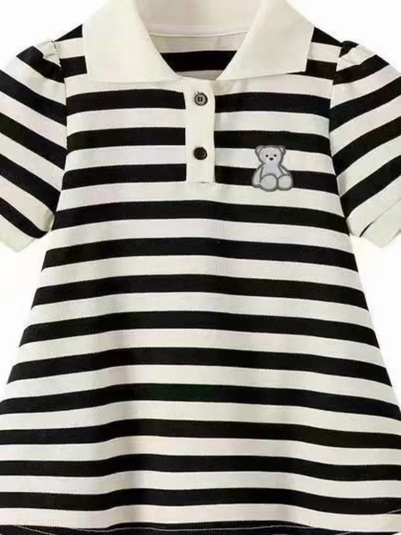 Summer Girl Dress Bear Embroidered Polo Neck Dresses Striped A-line Skirt Princess Skirt Soft and Comfortable Children Clothes