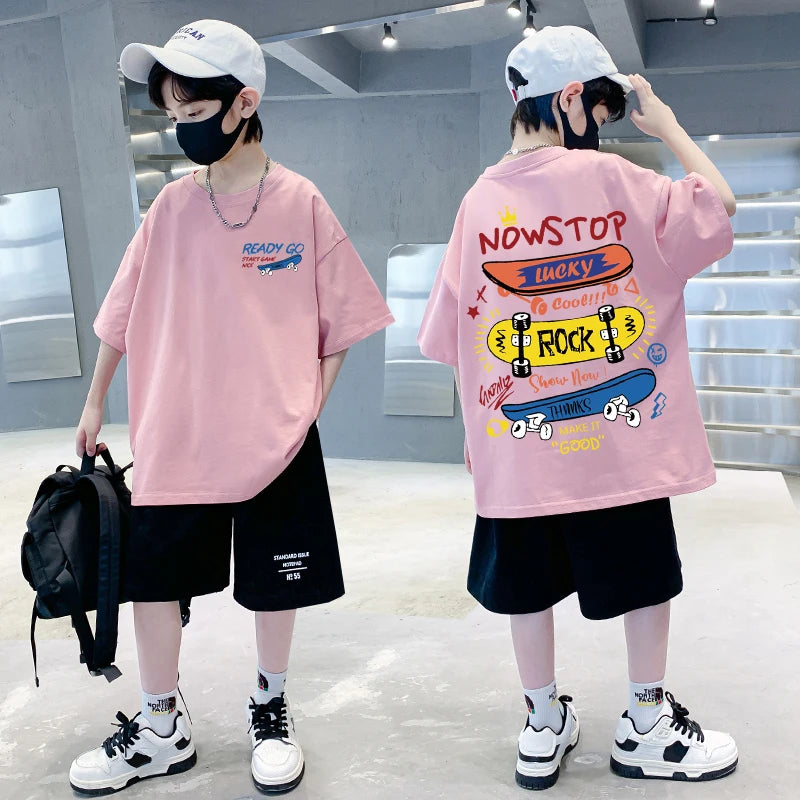 Skateboard Pattern Design Children's Tops Summer Boys Girls Short Sleeve T-shirts Cotton Korean Kids Clothes 2025 7-13Y 4-6Y