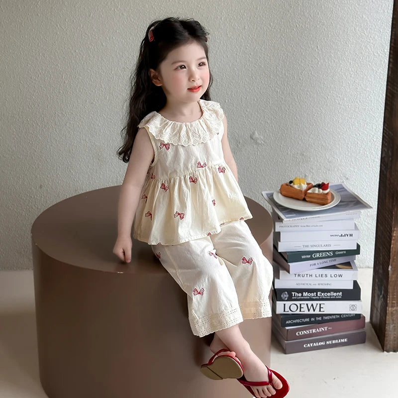 Girls Summer Embroidered Bow Two-piece set Baby Lace Collar Sleeveless Top Pants Sets Kids Clothes Set