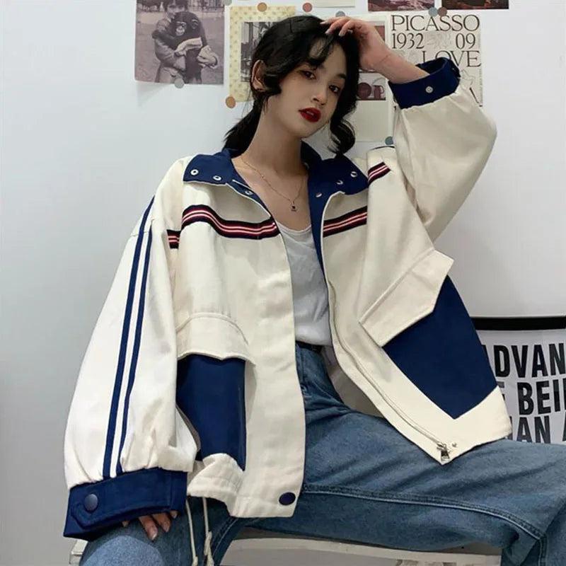 Patchwork Jacket Women American Loose Streetwear Blue and White Zipper Clothes Casual Chic Long Sleeve Harajuku Outwear