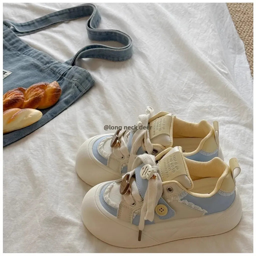 Women's round Toe Thick Bottom White Sneakers Spring Autumn Thin Breathable Casual Shoes Student Versatile Foot Slimming Bread S