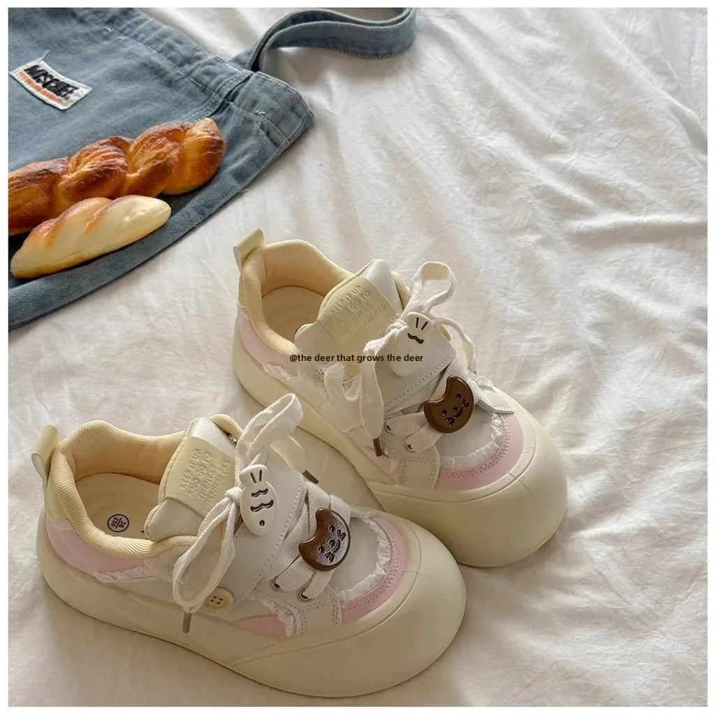 Women's round Toe Thick Bottom White Sneakers Spring Autumn Thin Breathable Casual Shoes Student Versatile Foot Slimming Bread S