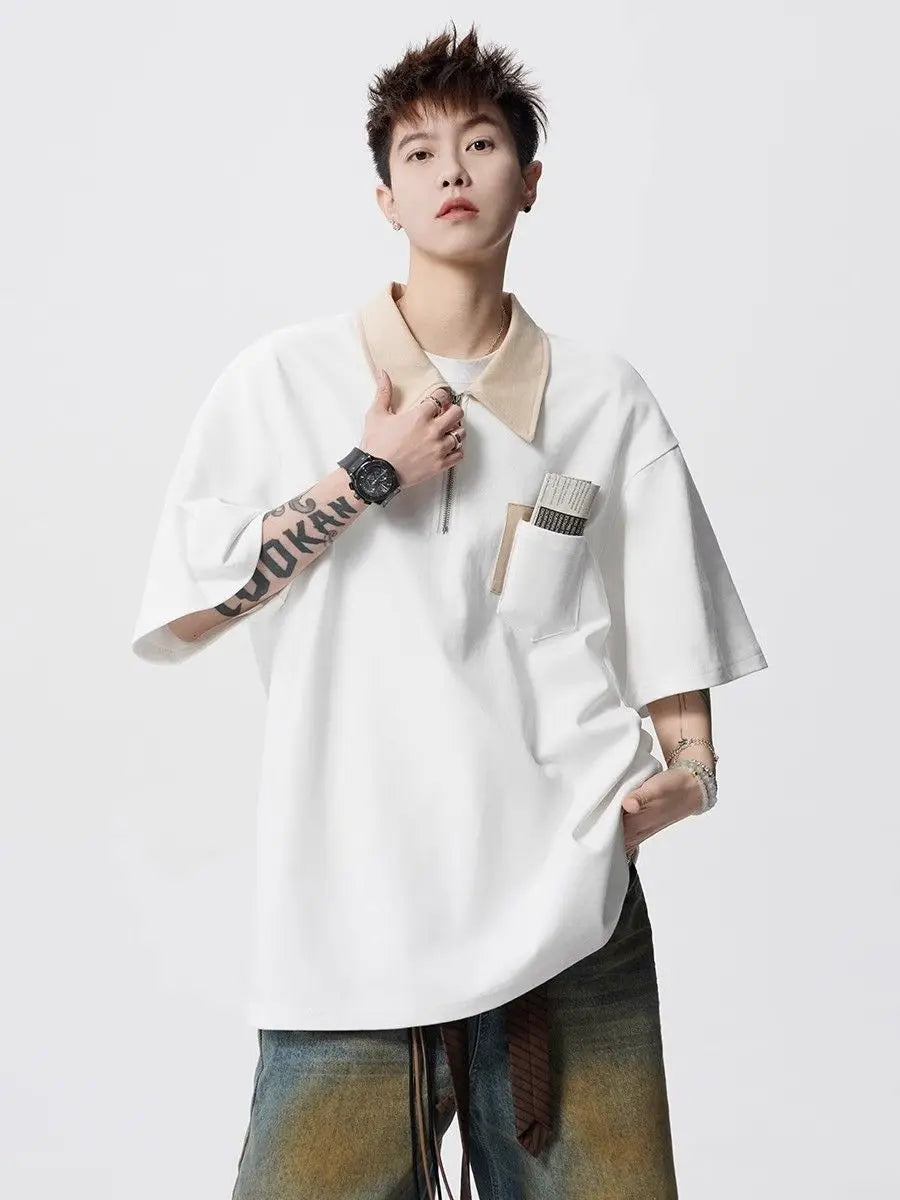 American retro men and women trendy personality polo shirt collar short sleeved summer high street breathable casual T-shirt top