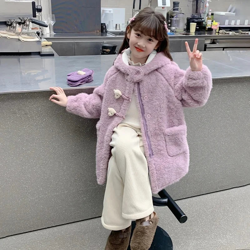 Thickened Fleece Winter Coat for Girls Cartoon Bear Middle-Length Jacket with Gloves Warm Toddler Baby Girl Outerwear