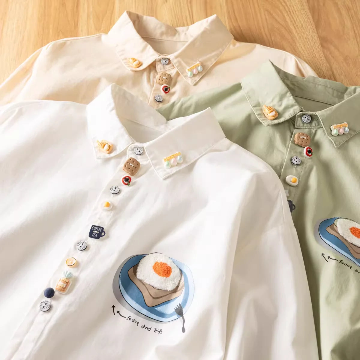 2025 Japanese vintage fashion cartoon buttons white beige green shirts and blouses for women spring long sleeve tops