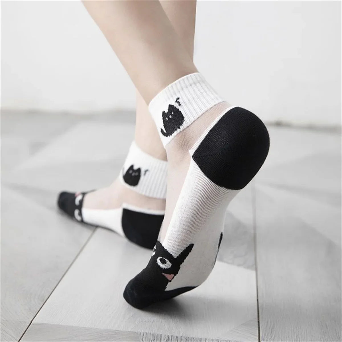 5Pairs Summer Socks Black White Cat Glass Silk Breathable Female Short Socks Simple Cute Footwear