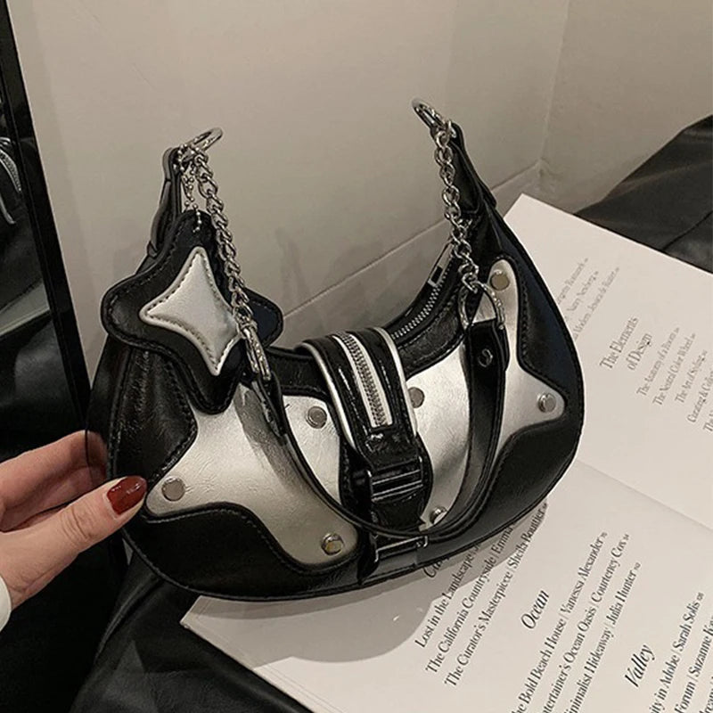 2025 New Star Moon Studded Motorcycle Bag Contrast Color Underarm Shoulder Bag Women's Edgy Crossbody Purse