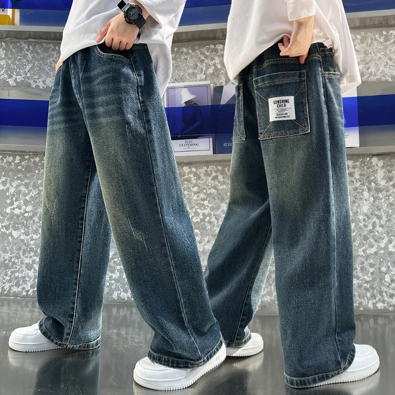 Boys Jeans Spring and Autumn New Teenage Children's Casual Retro Loose Straight Leg Wide-leg Pants Kids Handsome Pants