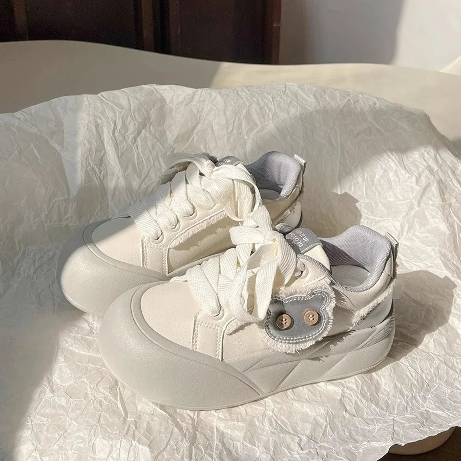 Spring Women's Dopaamine Board Shoes Versatile Thick Bottom Bread Style Casual Chic Sneakers Rubber Outsole Anti-Slip Synthetic