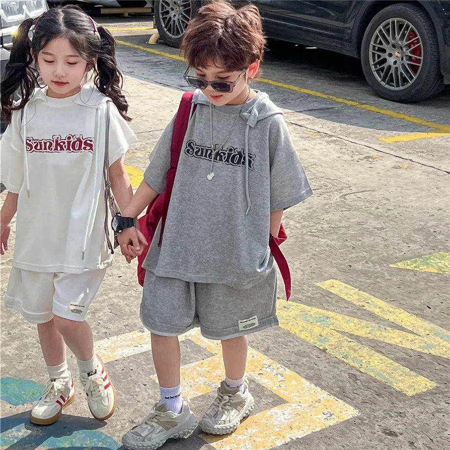 2025 Summer Hooded Children's Short Sleeve Set with Simple Trendy Boys and Girls' Baby Shorts Set with Stylish Style
