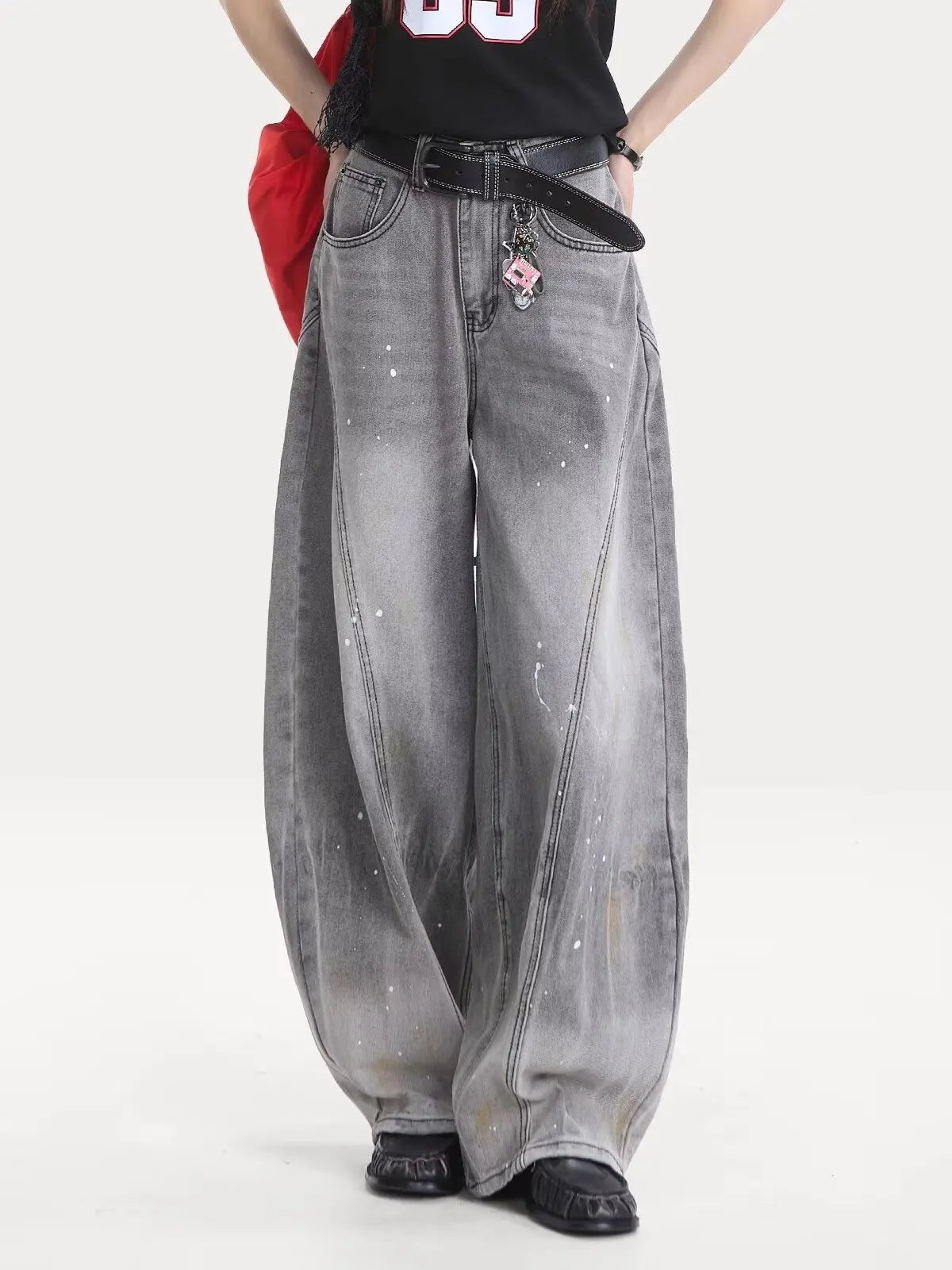 American retro washing smoke grey ink jeans scimitar straight wide-leg lazy style casual trousers Korean style