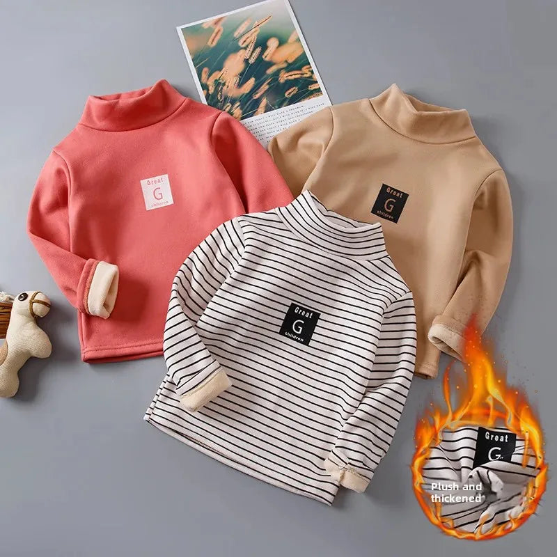 Children's Autumn Winter Fleece-Lined Sweatshirt Casual Style Middle Neck Base Layer Top Outer Wear Boys Girls Home Clothes