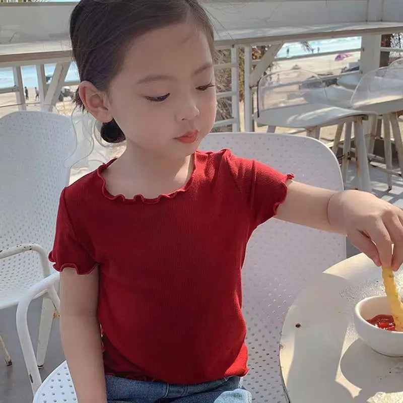 Girls Casual Ice Silk Short Sleeved T-shirt Summer Children Ear Edge Top 2-10 Years Old Girl Versatile Half Sleeved Clothes