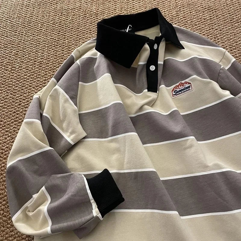 American blue and white striped campus style Polo shirt men's spring simple loose lapel casual long-sleeved T-shirt sweatshirt