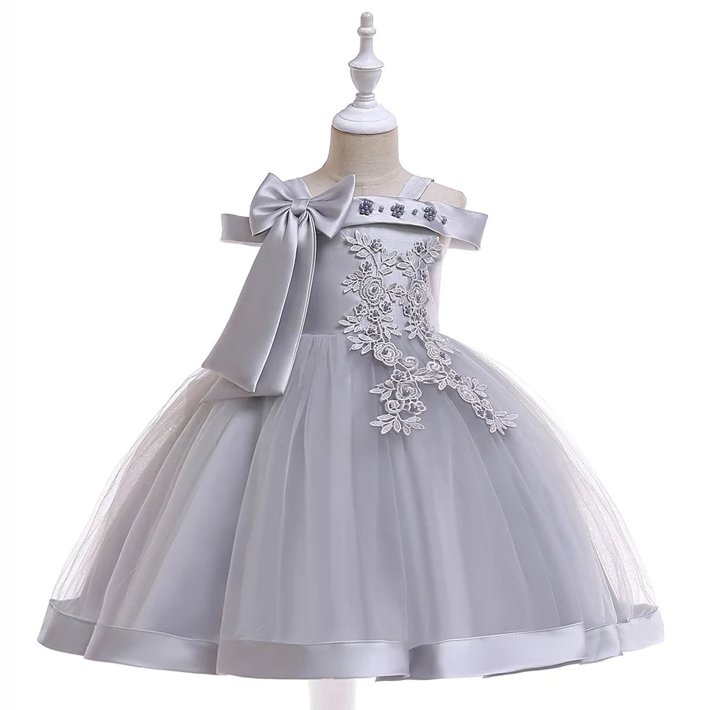 3-10 Years Kids Christmas Party Dresses For Girls Appliques Flower Elegant Wedding Dress With Bow Children Birthday Prom Gown